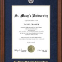 St. Mary's Law School Diploma Frame with Blue Suede Mat & Gold Embossing